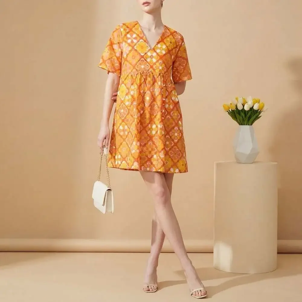Lesley Evers Retro Floral Print V-Neck Babydoll Mini Dress
